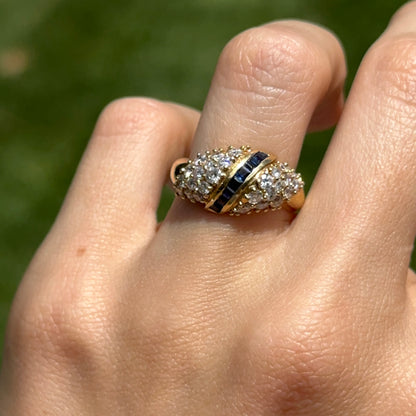 Estate 18KT Yellow Gold Princess Cut Sapphire + Bead Set DiamondRing