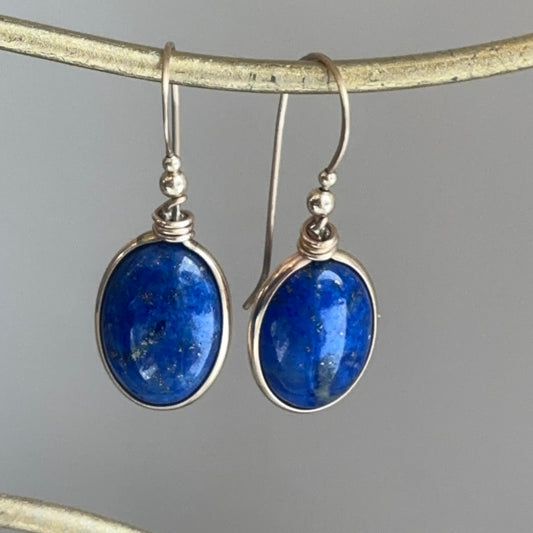 14KT Yellow Gold Large Oval Blue Lapis Bead Wire Drop Earrings