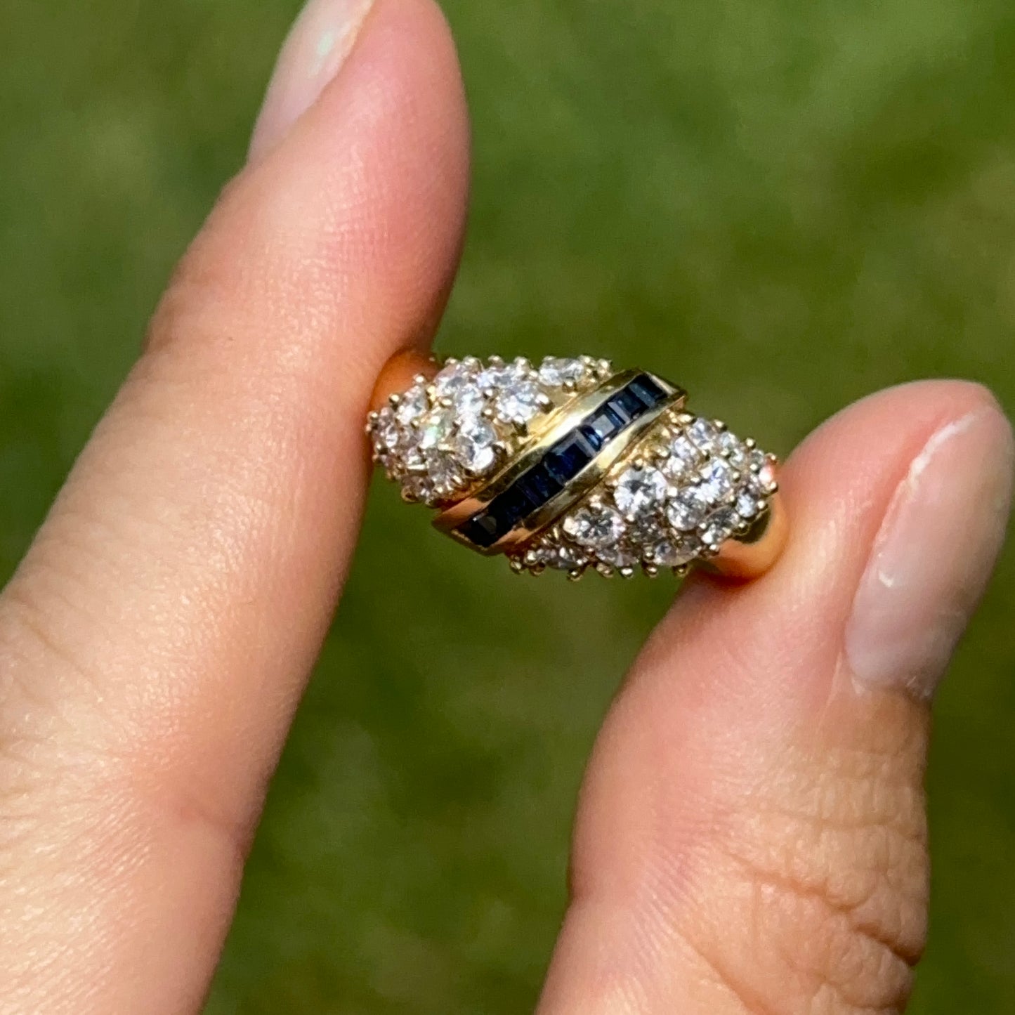 Estate 18KT Yellow Gold Princess Cut Sapphire + Bead Set DiamondRing