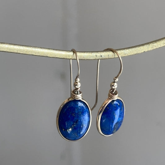 14KT Yellow Gold Large Oval Blue Lapis Bead Wire Drop Earrings