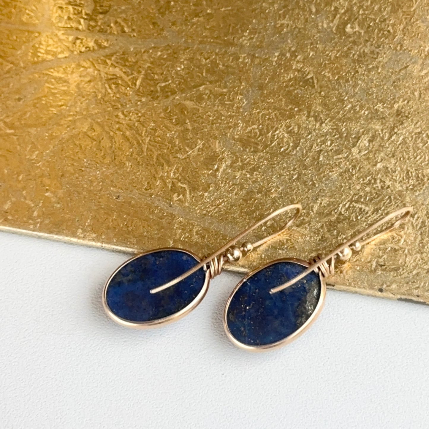 14KT Yellow Gold Large Oval Blue Lapis Bead Wire Drop Earrings