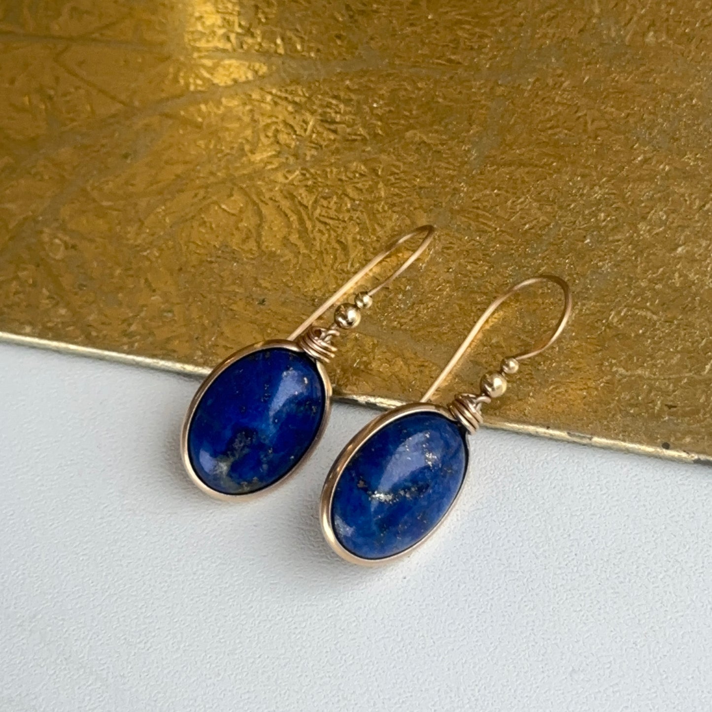 14KT Yellow Gold Large Oval Blue Lapis Bead Wire Drop Earrings