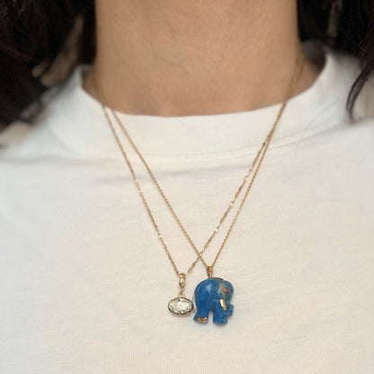 Estate 14K Yellow Gold Carved Lapis Elephant + Pink Stone Eye Pendant