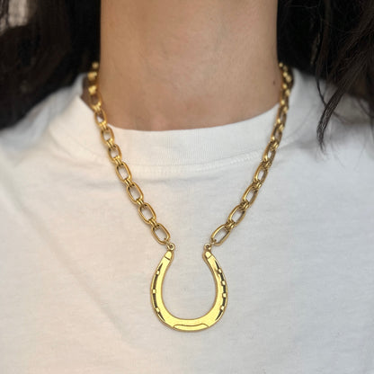 Yellow Gold-Tone Large Matte Horseshoe Station Necklace