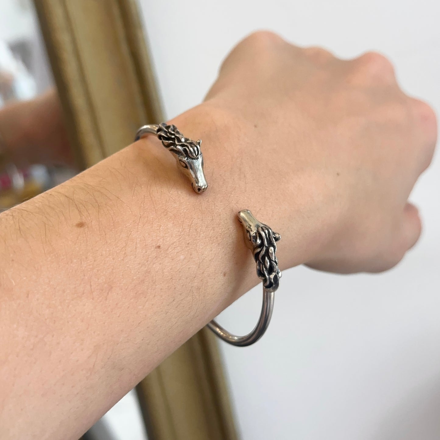 Estate Sterling Silver Antiqued Two Horse Head Open Cuff Bracelet