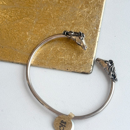 Estate Sterling Silver Antiqued Two Horse Head Open Cuff Bracelet