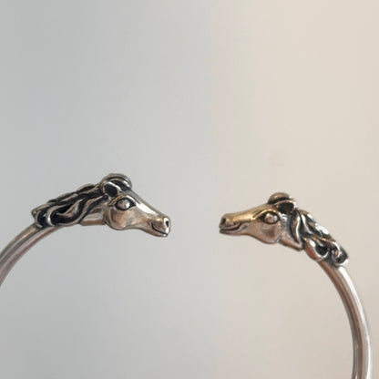 Estate Sterling Silver Antiqued Two Horse Head Open Cuff Bracelet