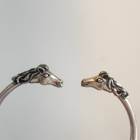 Estate Sterling Silver Antiqued Two Horse Head Open Cuff Bracelet