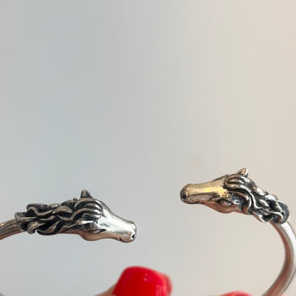 Estate Sterling Silver Antiqued Two Horse Head Open Cuff Bracelet