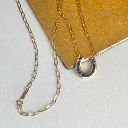 14KT Yellow Gold Blue Sapphire Horseshoe Chain Necklace 18"