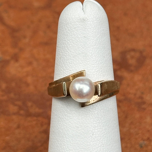 Estate 10KT Yellow Gold Cathedral White Pearl Ring Matte & Shiny