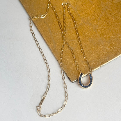 14KT Yellow Gold Blue Sapphire Horseshoe Chain Necklace 18"