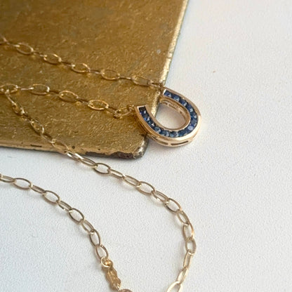 14KT Yellow Gold Blue Sapphire Horseshoe Chain Necklace 18"
