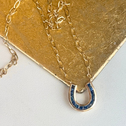 14KT Yellow Gold Blue Sapphire Horseshoe Chain Necklace 18"