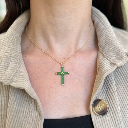 Estate 14KT Yellow Gold Green Jade Cross Pendant Charm