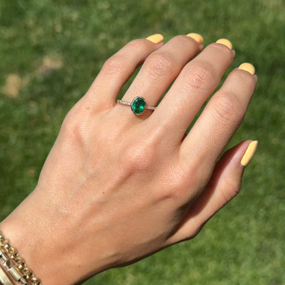 Estate 14KT Yellow Gold Bezel Oval Emerald + Diamond Band Ring