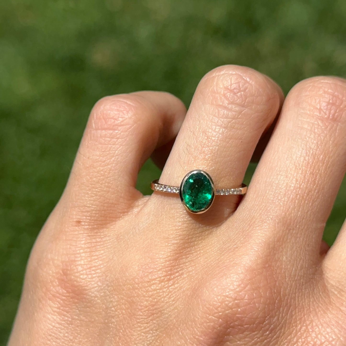 Estate 14KT Yellow Gold Bezel Oval Emerald + Diamond Band Ring
