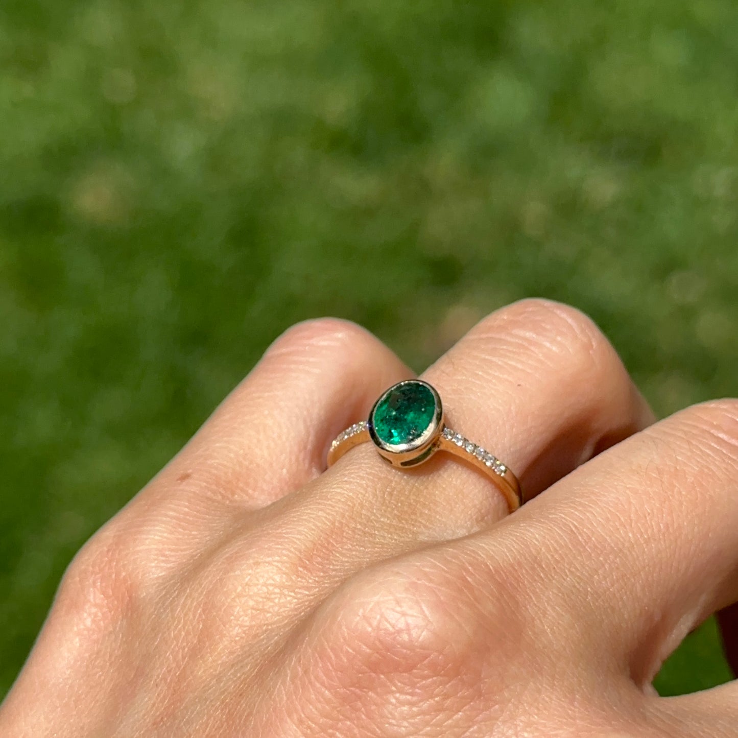 Estate 14KT Yellow Gold Bezel Oval Emerald + Diamond Band Ring