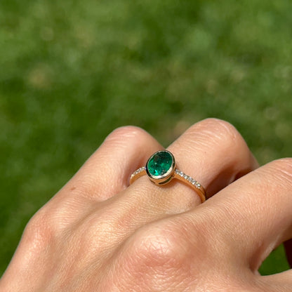 Estate 14KT Yellow Gold Bezel Oval Emerald + Diamond Band Ring
