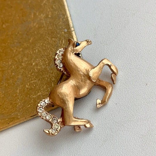 Estate Yellow Tone Galloping Horse Pin/Brooch White Stones + Blue Stone Eye