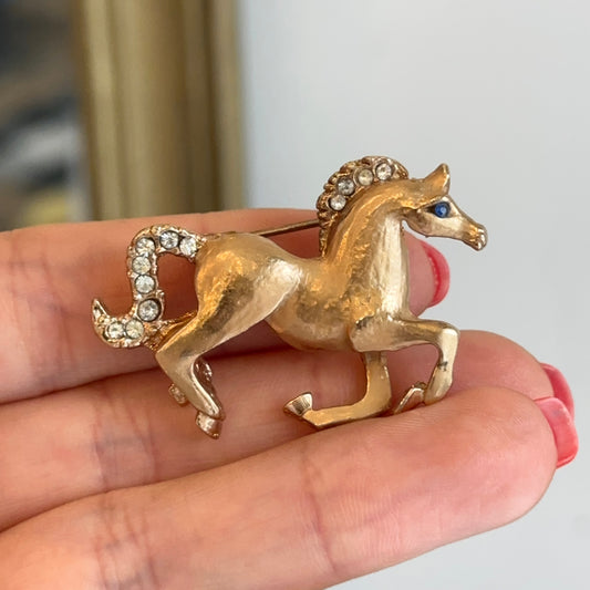 Estate Yellow Tone Galloping Horse Pin/Brooch White Stones + Blue Stone Eye