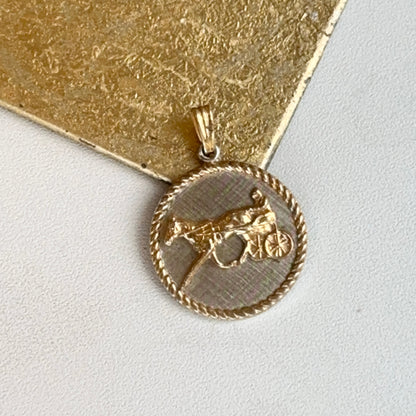 Estate Silver and Yellow Tone Round Horse Jockey Ribbed Bezel Pendant