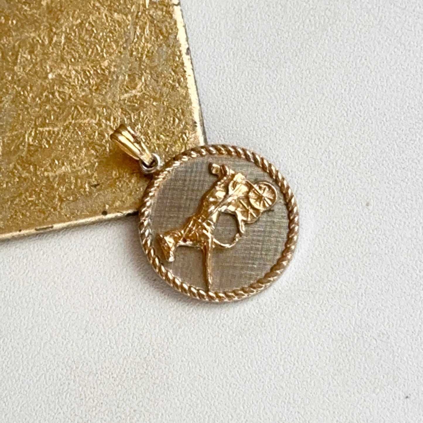 Estate Silver and Yellow Tone Round Horse Jockey Ribbed Bezel Pendant