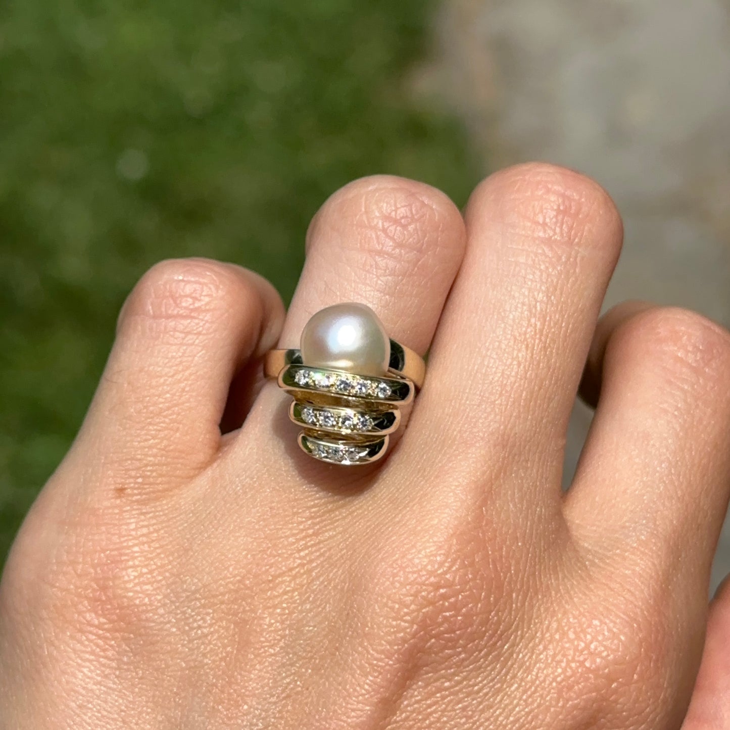 Estate 14KT Yellow Gold Near Round + Bead Set Diamond Ring