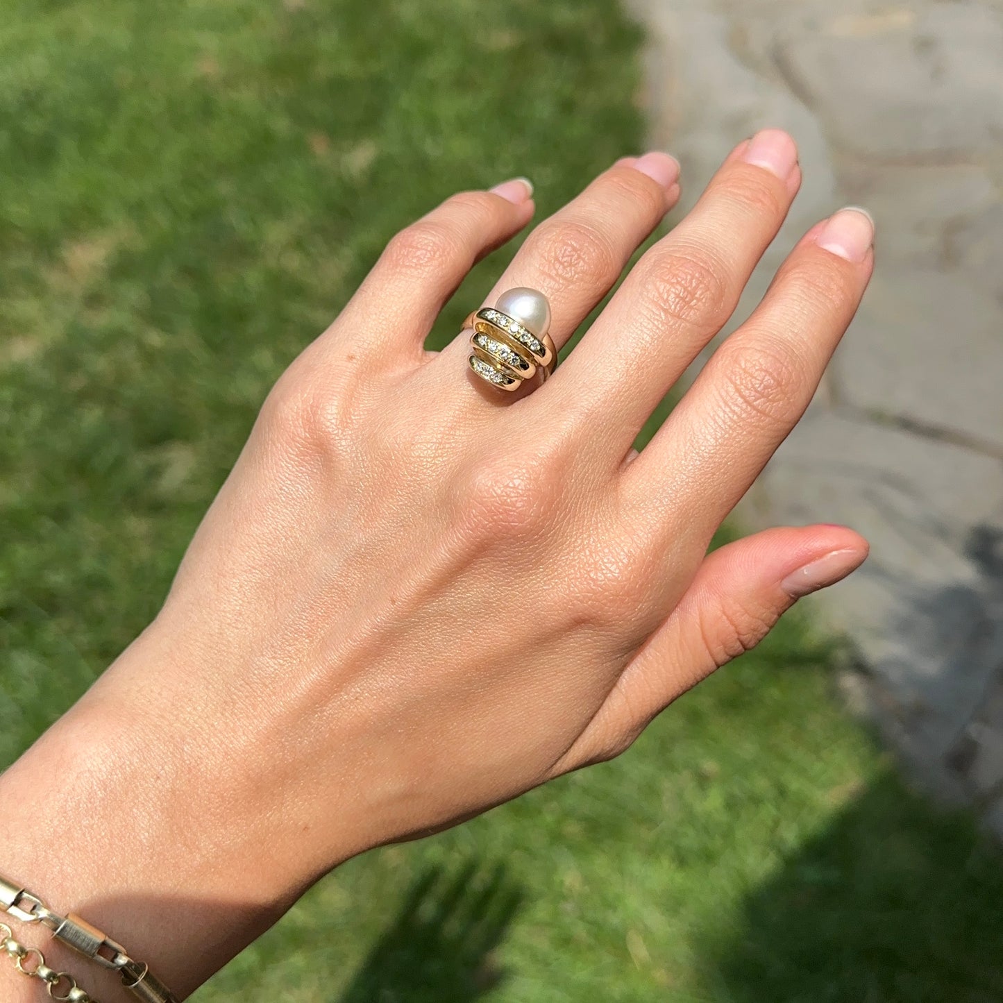 Estate 14KT Yellow Gold Near Round + Bead Set Diamond Ring