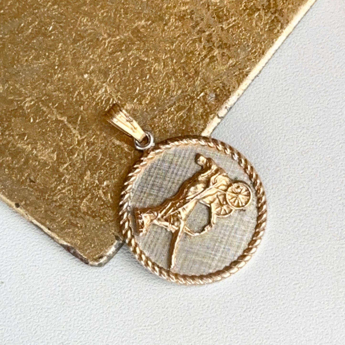 Estate Silver and Yellow Tone Round Horse Jockey Ribbed Bezel Pendant