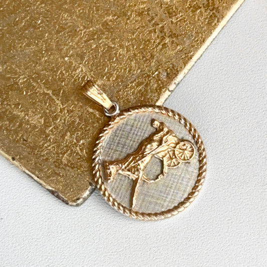 Estate Silver and Yellow Tone Round Horse Jockey Ribbed Bezel Pendant
