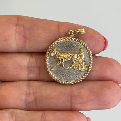 Estate Silver and Yellow Tone Round Horse Jockey Ribbed Bezel Pendant