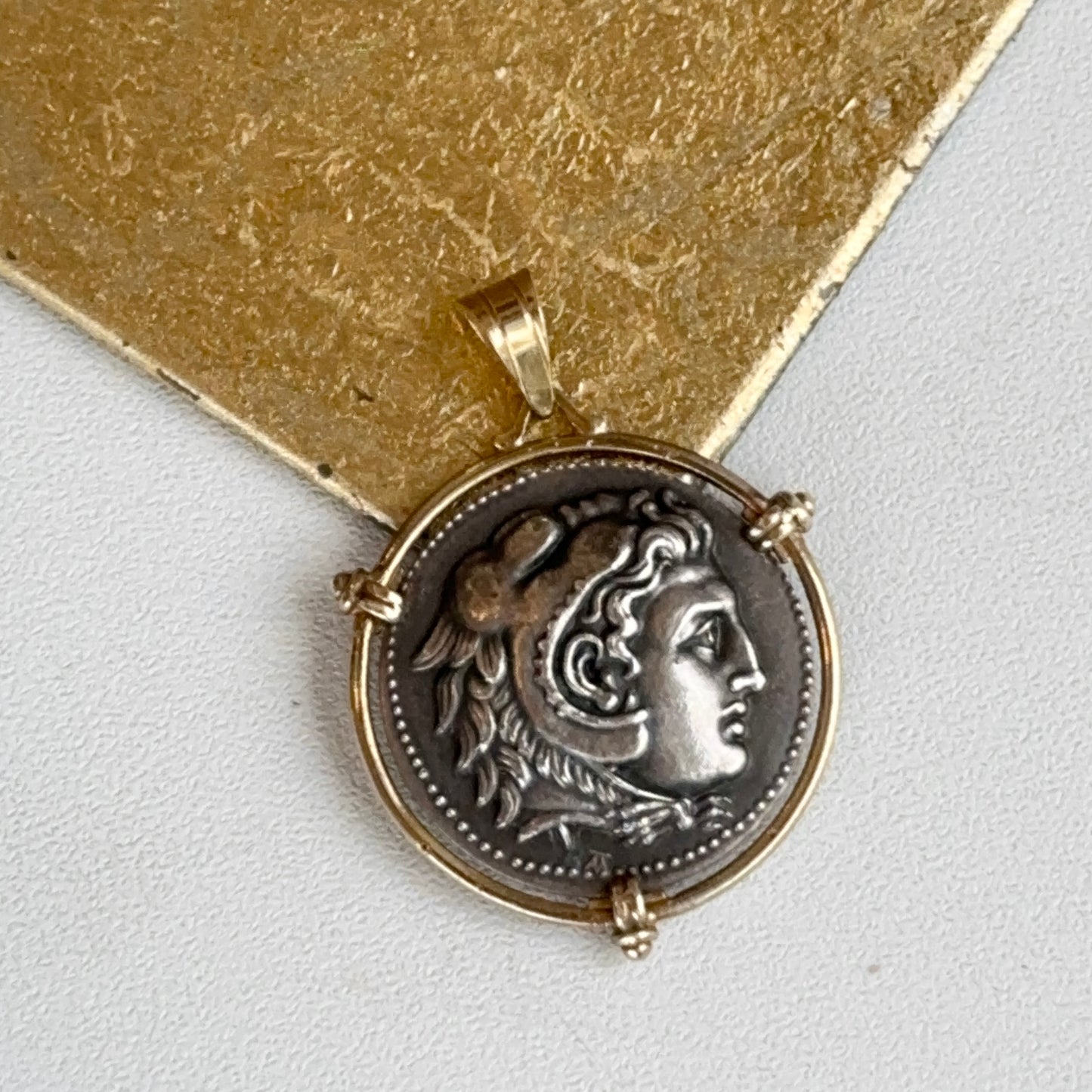Estate 14K Yellow Gold Large Silver Double Sided Faux Roman Coin Pendant