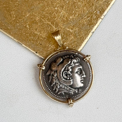 Estate 14K Yellow Gold Large Silver Double Sided Faux Roman Coin Pendant