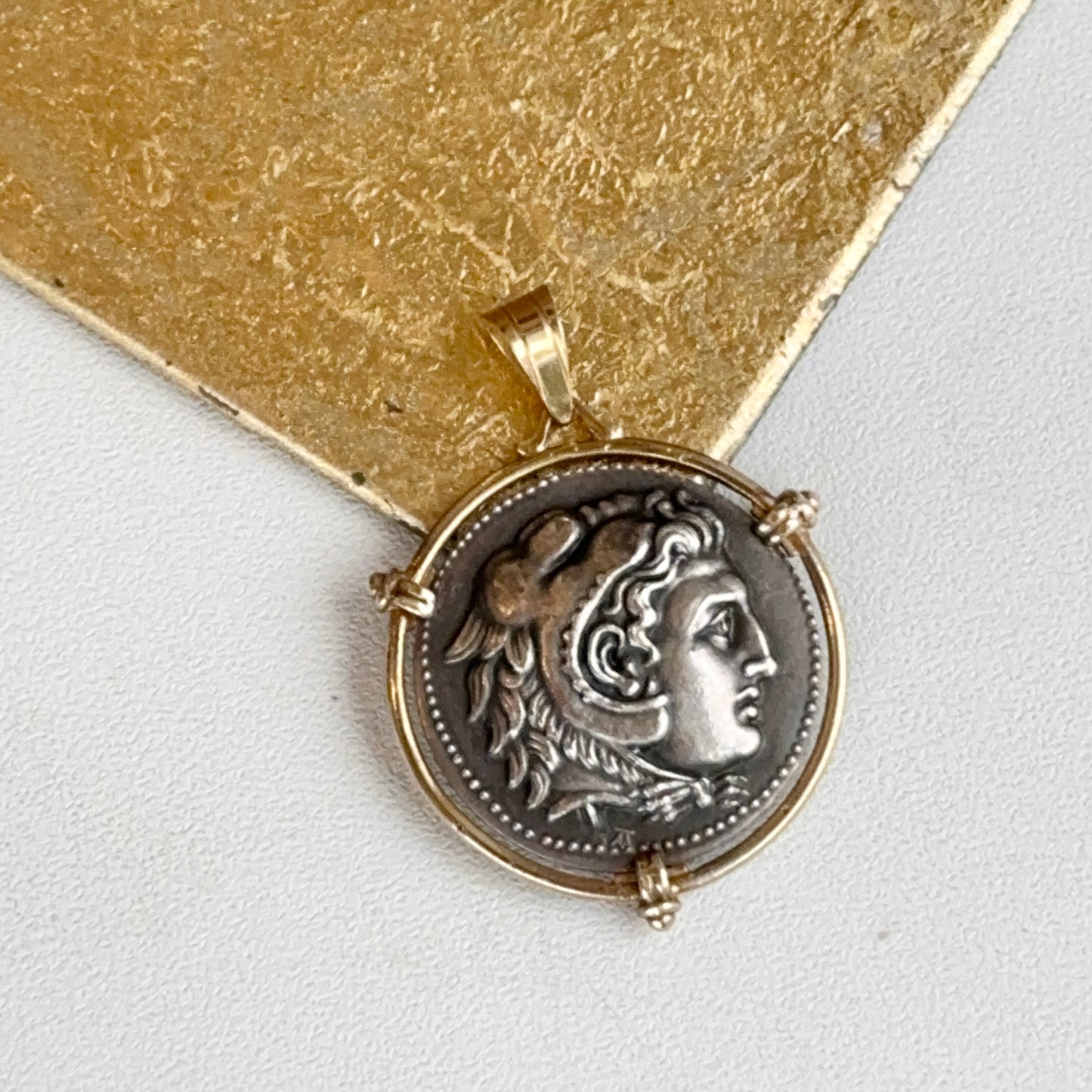 Estate 14K Yellow Gold Large Silver Double Sided Faux Roman Coin Pendant