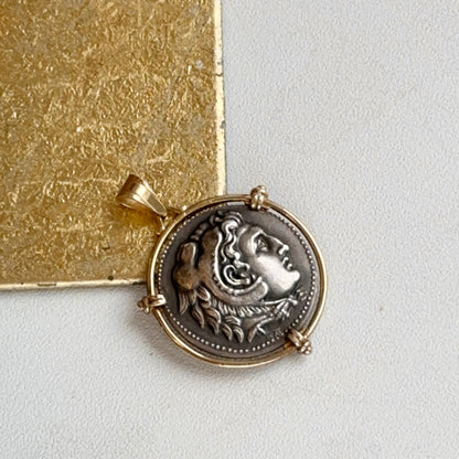 Estate 14K Yellow Gold Large Silver Double Sided Faux Roman Coin Pendant