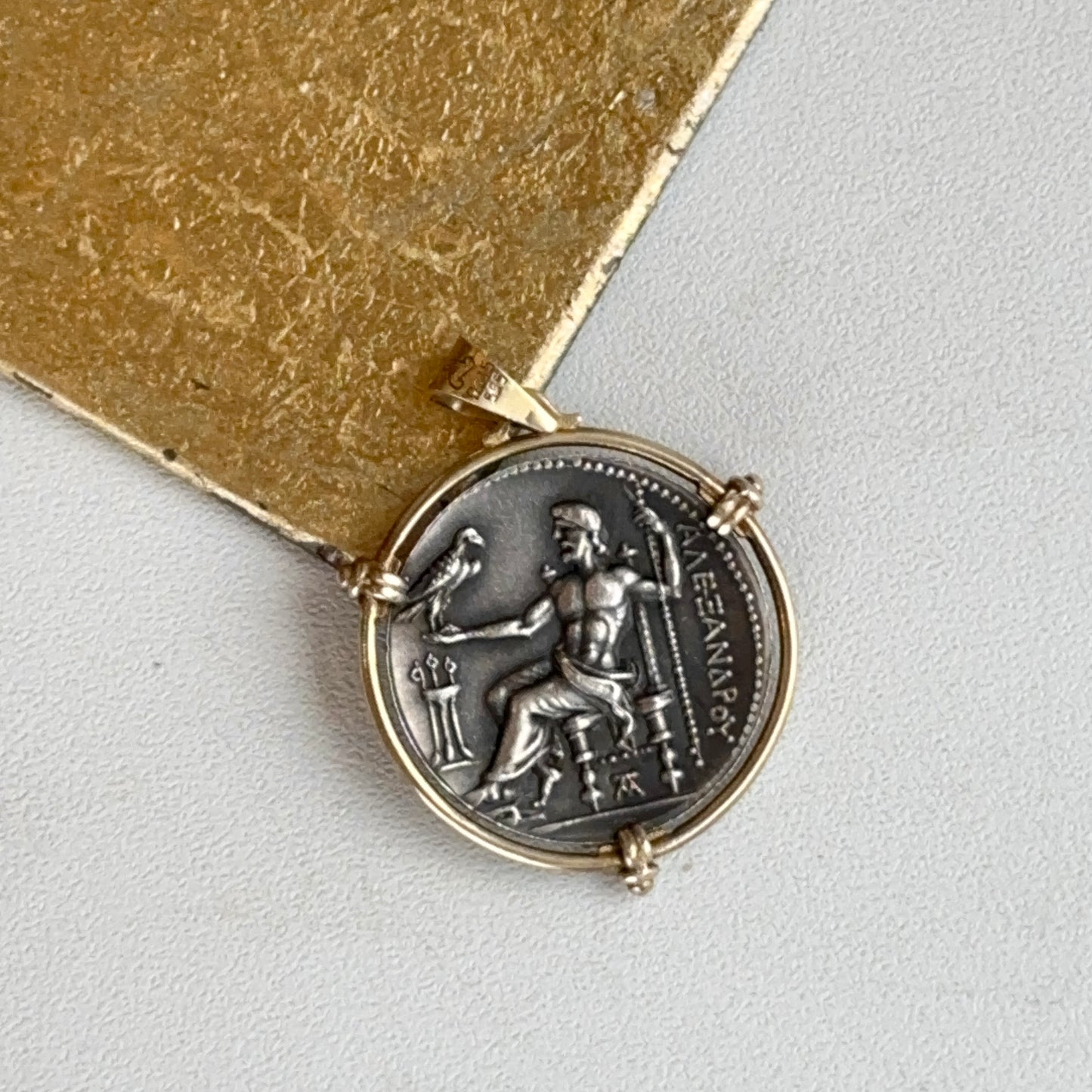 Estate 14K Yellow Gold Large Silver Double Sided Faux Roman Coin Pendant