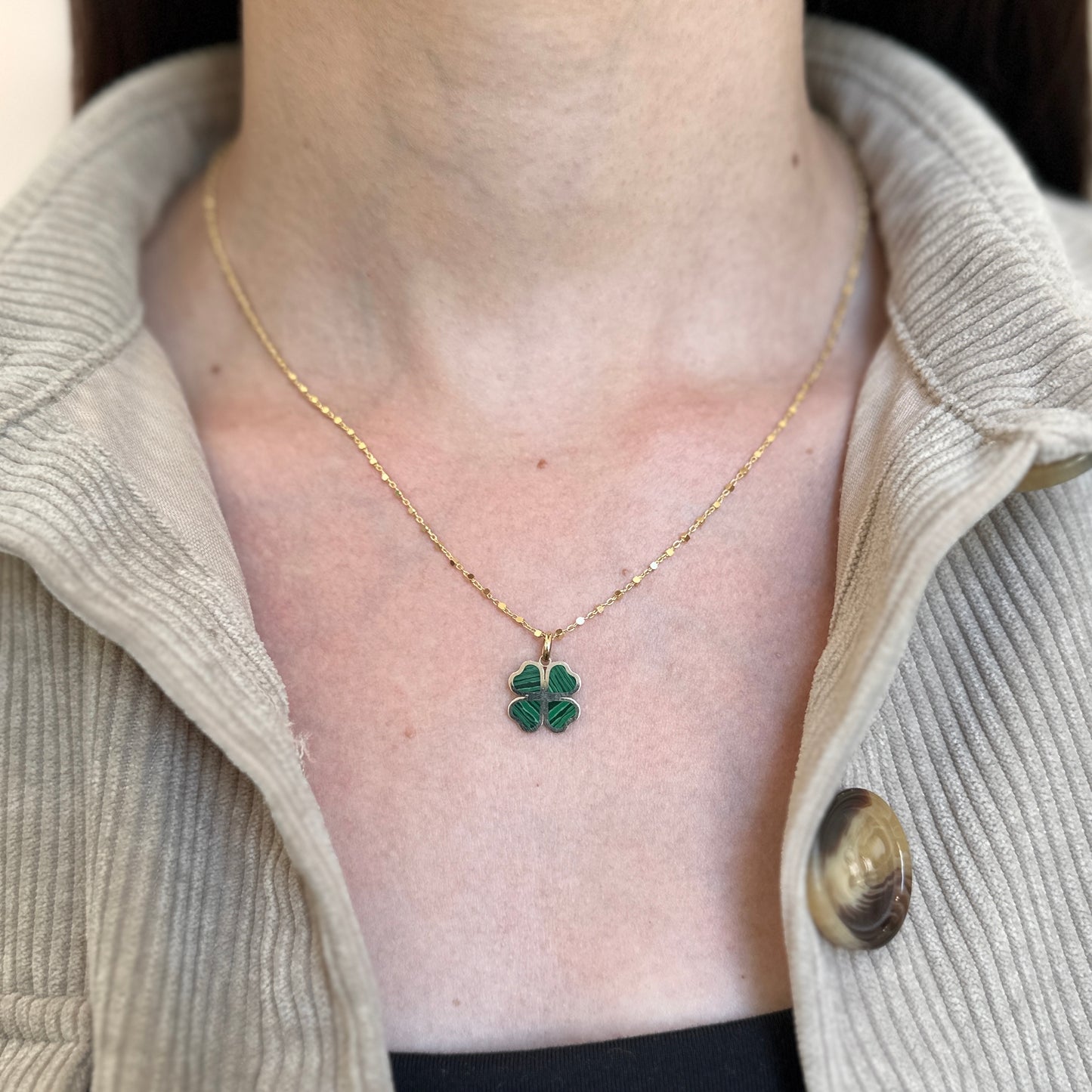 14KT Yellow Gold Malachite 4-Leaf Clover Pendant Charm