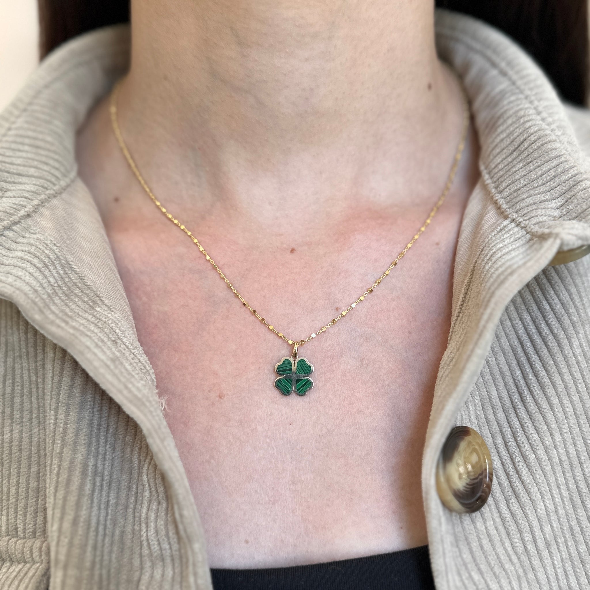 14K Yellow Gold Malachite Four Leaf Clover Necklace