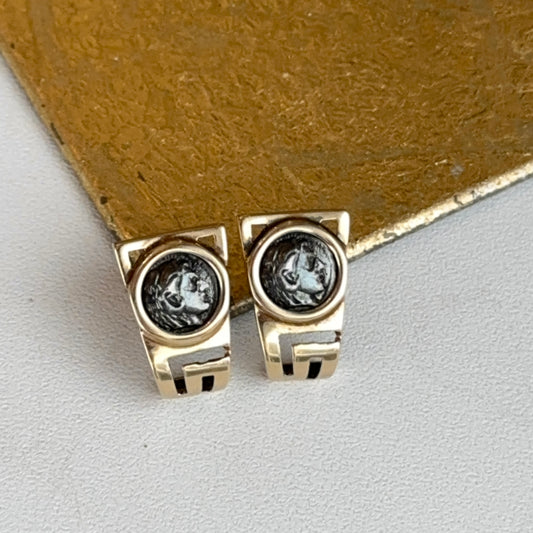 Estate 14K Yellow Gold Silver Roman Coin Greek Key Drop Post Earrings