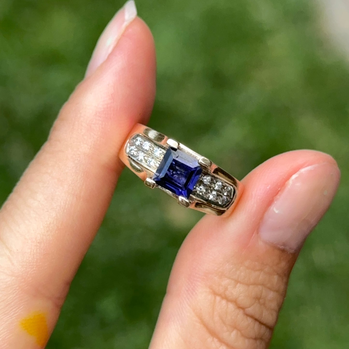 Estate 14KT Yellow Gold Square Iolite + Diamond Ring