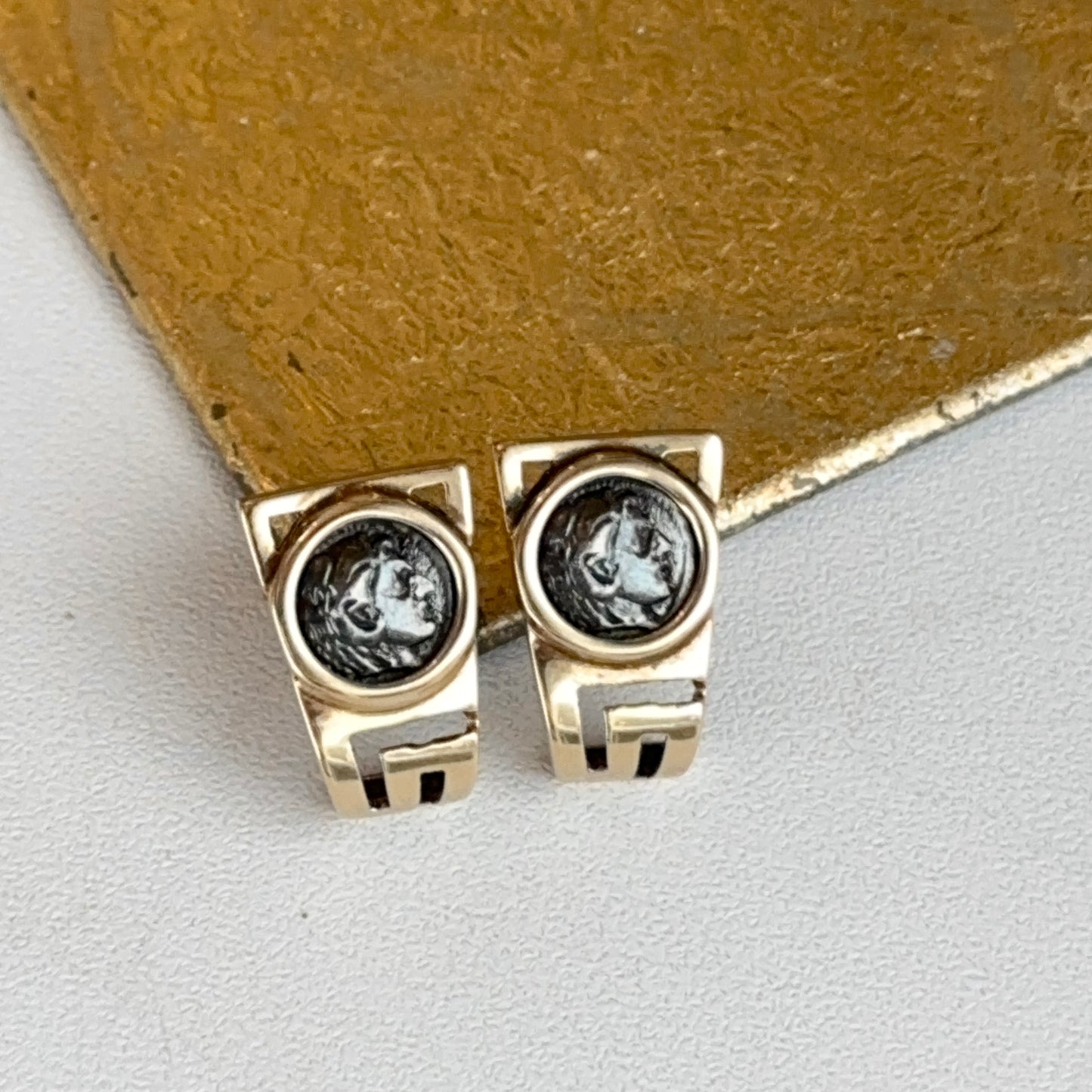 Estate 14K Yellow Gold Silver Roman Coin Greek Key Drop Post Earrings