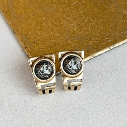 Estate 14K Yellow Gold Silver Roman Coin Greek Key Drop Post Earrings