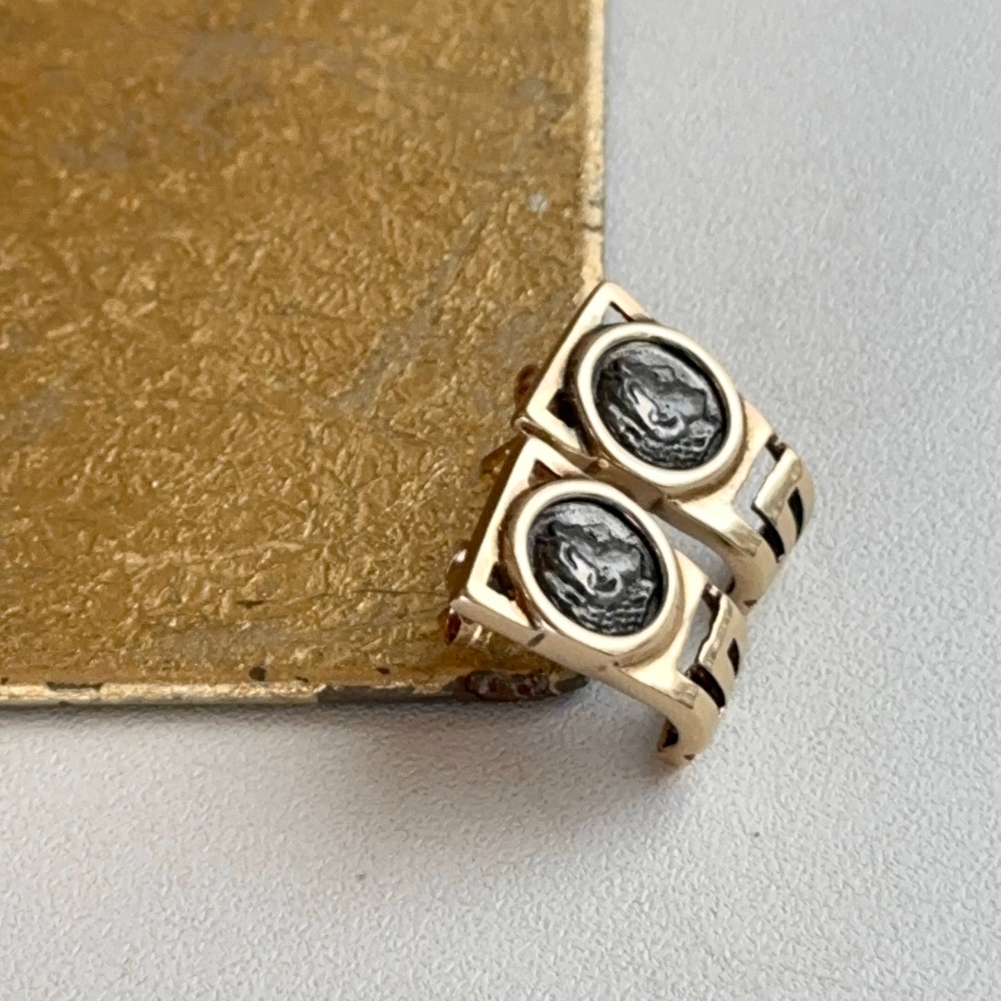 Estate 14K Yellow Gold Silver Roman Coin Greek Key Drop Post Earrings