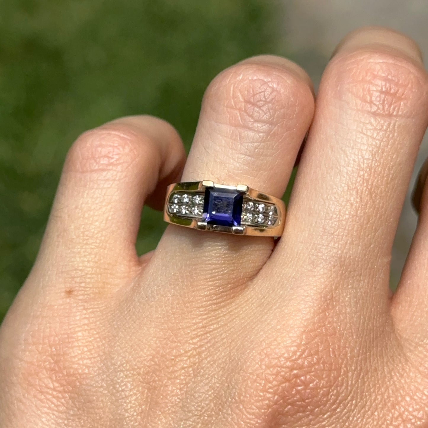 Estate 14KT Yellow Gold Square Iolite + Diamond Ring