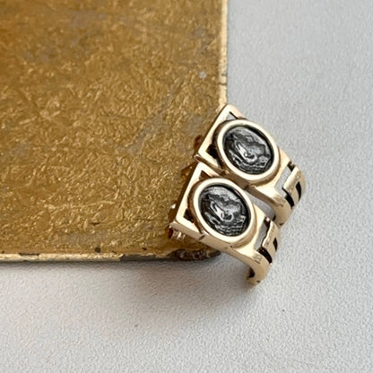 Estate 14K Yellow Gold Silver Roman Coin Greek Key Drop Post Earrings