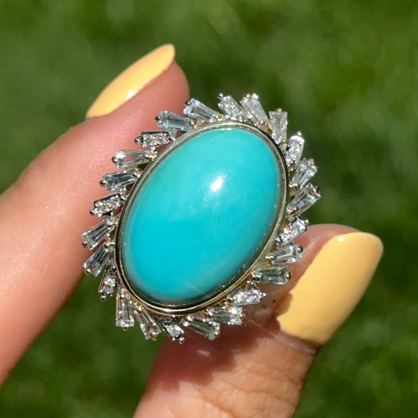 Estate 14KT Yellow Gold Oval Turquoise + Baguette Aquamarine Diamond Ring