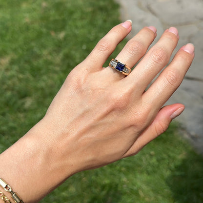 Estate 14KT Yellow Gold Square Iolite + Diamond Ring