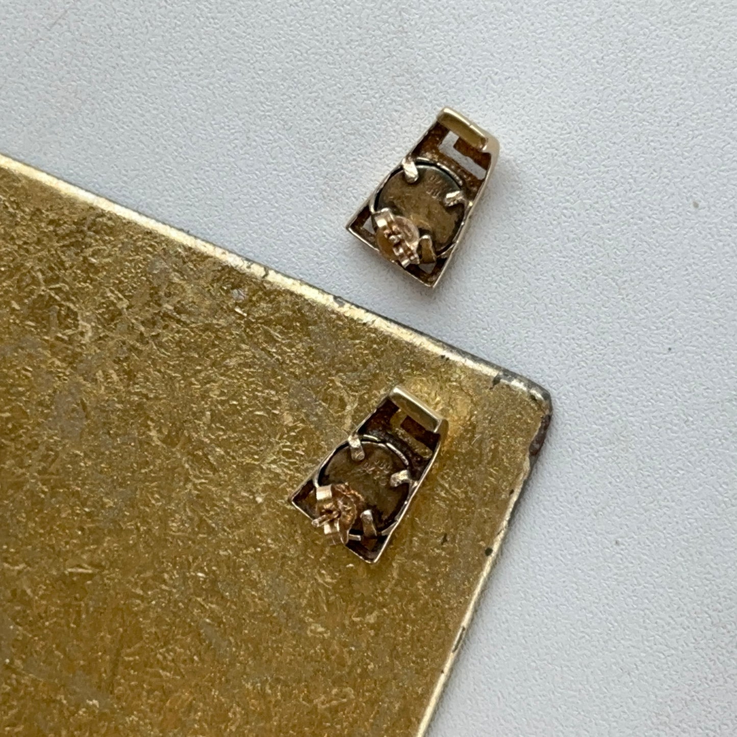 Estate 14K Yellow Gold Silver Roman Coin Greek Key Drop Post Earrings