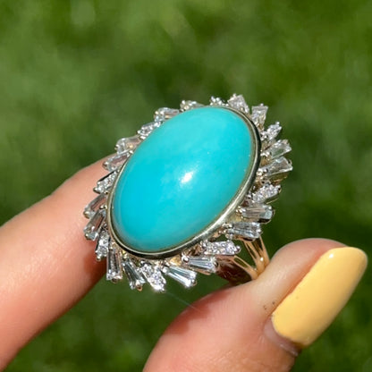 Estate 14KT Yellow Gold Oval Turquoise + Baguette Aquamarine Diamond Ring